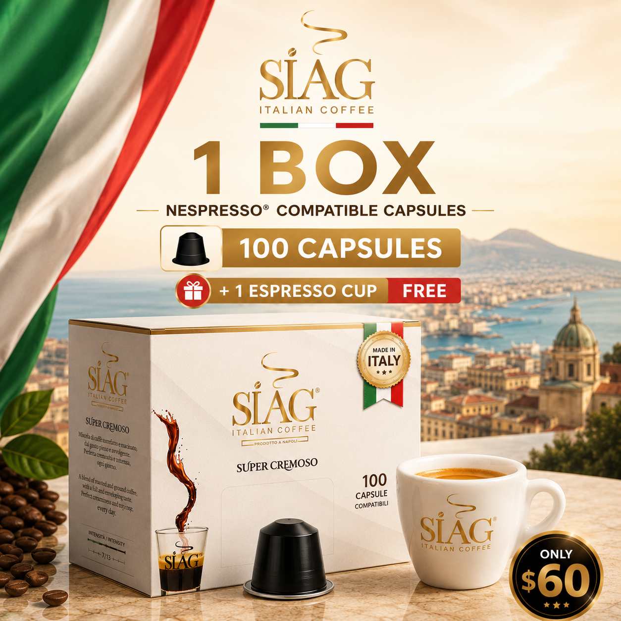 SIÀG Super Cremoso – Nespresso® Original Compatible Coffee Capsules | 100, 200 or 300 Capsules + Free Espresso Cup
