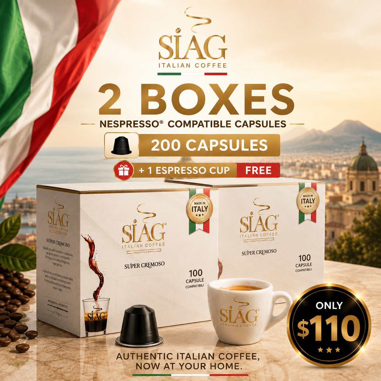 SIÀG Super Cremoso – Nespresso® Original Compatible Coffee Capsules | 100, 200 or 300 Capsules + Free Espresso Cup