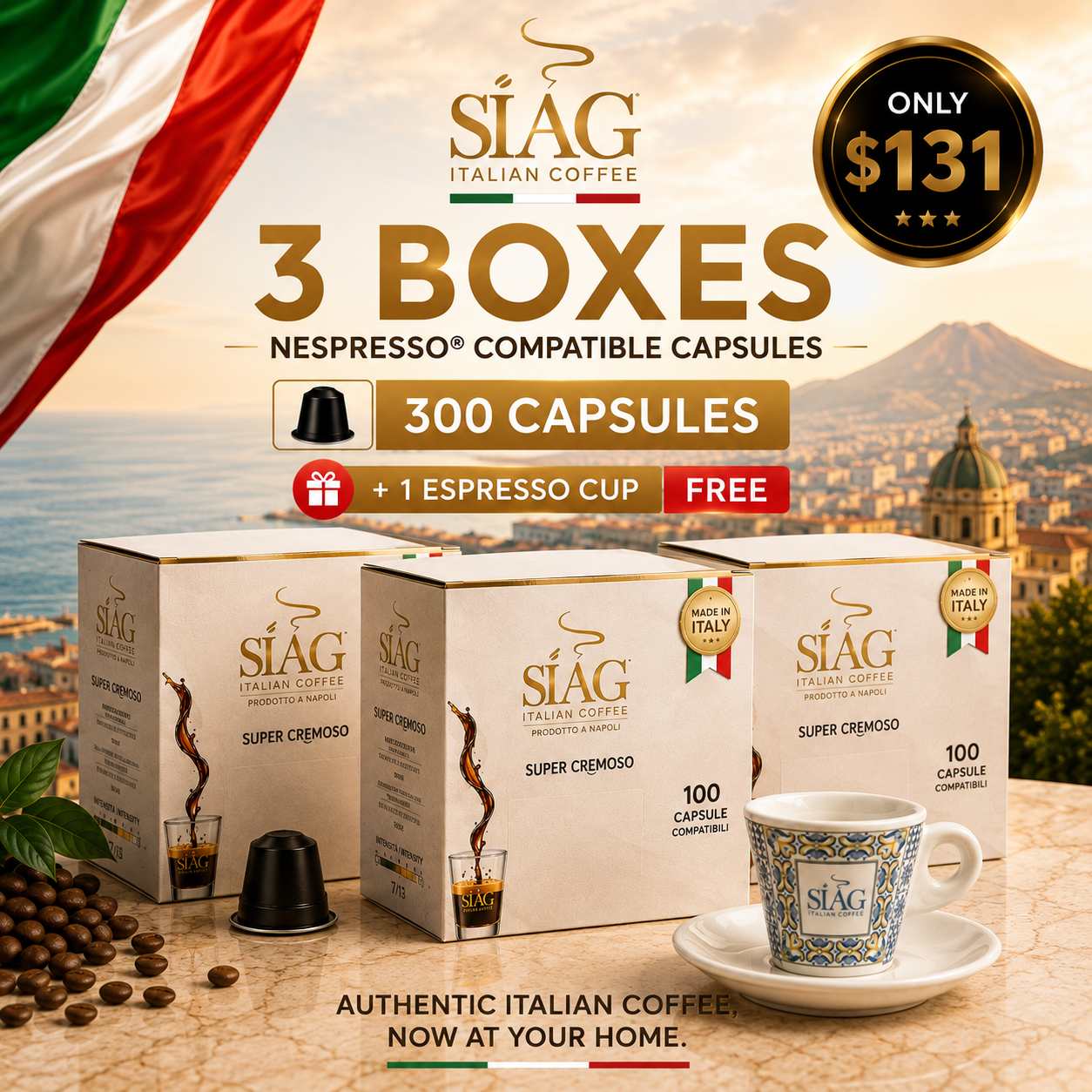 SIÀG Super Cremoso – Nespresso® Original Compatible Coffee Capsules | 100, 200 or 300 Capsules + Free Espresso Cup