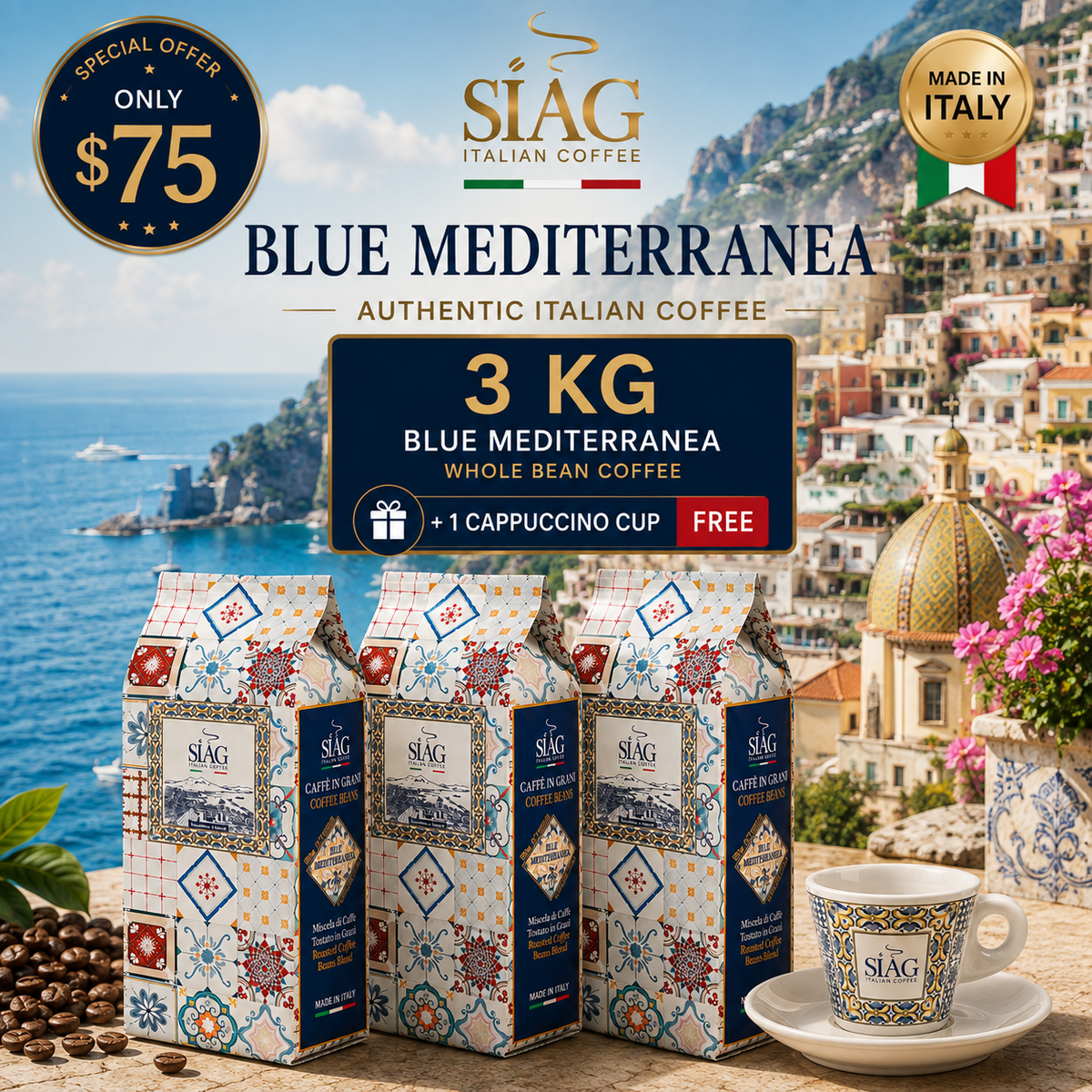 SIÀG Blu Mediterranea – Italian Whole Bean Coffee | 3kg (6.6 lb) + Free Amalfi Coast Cappuccino Cup